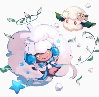 alternate_color artist_name bright_pupils closed_mouth cottonee evolutionary_line gen_5_pokemon hair_horns highres leaf nintendo no_humans orange_eyes pokemon pokemon_(creature) red_eyes shiny_pokemon simple_background smile star_(symbol) su_(sajo_su5) twitter_username whimsicott white_background white_pupils