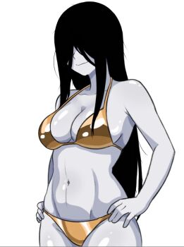 1girl alternate_costume bikini black_hair breasts cleavage gold_bikini graphicthereal hair_over_eyes hands_on_own_hips highres large_breasts legs long_hair navel sideboob smile swimsuit the_ring thighs toned very_long_hair yamamura_sadako