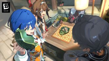 1boy 2girls animal_ears bare_shoulders belle_(delicate_sunlight)_(zenless_zone_zero) belle_(zenless_zone_zero) blue_hair breasts brown_hair chinese_clothes commentary droopy_ears english_commentary fox_ears fox_girl green_eyes hair_between_eyes hair_intakes hair_ornament hairband highres long_hair multiple_girls official_alternate_costume open_mouth red_eyes short_hair smile white_hairband wise_(soaring_crane)_(zenless_zone_zero) wise_(zenless_zone_zero) ye_shunguang zenless_zone_zero