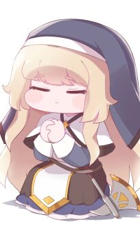 1girl black_dress blonde_hair blue_dress capelet chibi closed_eyes commentary_request dress highres korean_commentary long_hair long_sleeves ner_(trickcal) nun nun_headdress own_hands_together praying shookshook_e trickcal white_capelet