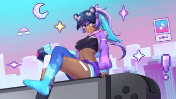 ! 1girl :3 aqua_eyes aqua_hair aqua_shorts arm_cannon bandaid bear_hat black_facepaint black_hat blue_thighhighs crossed_legs dark-skinned_female dark_skin energy_gun gloves gradient_background halftone halftone_background hat highres jacket juliette_(omega_strikers) k.o. mp3_player multicolored_hair musical_note navel nintendo_switch omega_strikers partially_fingerless_gloves partly_fingerless_gloves pastel_colors pixel_art purple_hair purple_jacket shorts sitting skyline socks solo sports_bra star_symbol striped_clothes striped_socks thighhighs tsp weapon yugake
