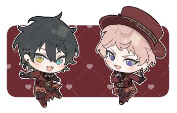 2boys black_hair blue_eyes border chibi commentary_request earrings ensemble_stars! fang full_body hand_on_own_chest hat heart highres itsuki_shu jewelry kagehira_mika long_sleeves looking_at_viewer male_focus multiple_boys open_mouth pink_hair purple_eyes short_hair smile top_hat tu_(tu_lip003) twitter_username valkyrie_(ensemble_stars!) white_border yellow_eyes