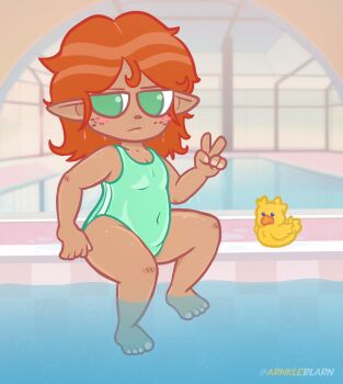 1girl arm_support arnkleblarn barefoot blush chocobo collarbone dark_skin final_fantasy final_fantasy_xiv flat_chest freckles green_eyes green_one-piece_swimsuit highres lalafell loli looking_at_viewer one-piece_swimsuit orange_hair plump pointy_ears pool poolside rubber_duck short_hair sitting soaking_feet square_enix swimsuit water wet