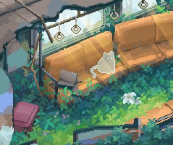 abandoned abandoned_car animated animated_gif broken_window cat decomposedmaw dilapidated flower ghost horsetail_(plant) implied_death lily_(flower) locomotive moss no_humans on_train original overgrown pixel_art pixelated ruins rust sad scenery train