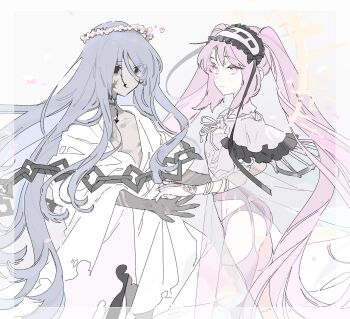 1boy 1girl aged_down azrael_(grand_assassin)_(fate) bags_under_eyes black_eyes capelet chain colored_extremities colored_skin dark-skinned_male dark_skin facial_scar fate/grand_order fate_(series) flower_wreath frilled_hairband frills garter_belt grey_background grey_skin hair_between_eyes hair_ornament hairband highres jewelry lolita_hairband long_hair panties petals pink_hair purple_hair robe scar scar_on_cheek scar_on_face scar_on_neck see-through_clothes shirt smile stheno_(fate) tetota_tettou torn_clothes torn_robe twintails underwear very_long_hair white_robe