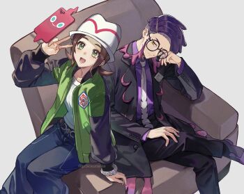 1boy 1girl bell-bottoms black-framed_eyewear brown_hair cezaria chair corbeau_(pokemon) glasses green_jacket harmony_(pokemon) hat highres jacket mega_ring necktie nintendo open_clothes open_jacket open_mouth pants parted_hair pokemon pokemon_legends:_z-a purple_hair purple_shirt round_eyewear shirt short_sideburns striped_hat undercut v white_hat white_necktie white_shirt