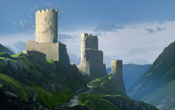 Rule 34 | 3others, absurdres, assassin's creed: valhalla, assassin's creed (series), blue sky, castle, cloud, cloudy sky, commentary, day, dirt road, english commentary, flock, grass, highres, horseback riding, knight, medieval, mountain, multiple others, outdoors, painterly, raphael-lacoste, riding, road, scenery, signature, sky, tower