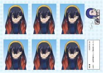 1girl black_hair carmine_(pokemon) closed_mouth colored_inner_hair commentary_request crossed_bangs double-parted_bangs hair_between_eyes highres iruzu_(pixiv27236115) long_hair looking_at_viewer multicolored_hair nintendo perrin_(pokemon) pokemon pokemon_sv red_hair solo translation_request twitter_username two-tone_hair yellow_eyes