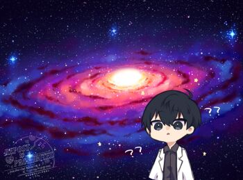 1boy :o ? ?? ahoge black_eyes black_hair black_shirt chibi chibi_only coat double-parted_bangs galaxy hair_between_eyes kim_dokja kimidori_22 male_focus meme night omniscient_reader&#039;s_viewpoint open_clothes open_coat popped_collar shirt short_hair sky solo space space_cat_(meme) star_(sky) starry_sky upper_body white_coat