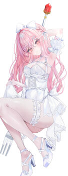 1girl absurdres arm_behind_head arm_cuffs arm_up armpits bare_shoulders blush bow braid breasts chest_harness choker cleavage closed_mouth fork full_body hair_bow harness high_heels highres holding holding_fork leotard long_hair looking_at_viewer moemoepiano original oversized_fork oversized_object pink_hair red_eyes shiny_skin shoes short_sleeves small_breasts solo thigh_strap thighs wavy_hair white_choker white_leotard white_shoes