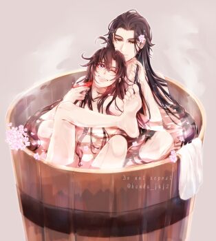 Rule 34 | 2boys, ahoge, alcohol, alternate hairstyle, barefoot, bath, bathing, bishounen, bite mark, black hair, brown hair, commentary request, couple, cup, feet, flower, grin, hair down, hair flower, hair ornament, hand in another's hair, hickey, highres, holding, holding cup, hug, hug from behind, in bathtub, kanda faf2, lan wangji, leg up, long hair, looking at another, male focus, modao zushi, multiple boys, nude, one eye closed, open mouth, partially submerged, petals, petals on liquid, pink flower, pink petals, purple eyes, sakazuki, shared bathing, sidelocks, sitting, smile, steam, toes, towel, twitter username, very long hair, water, wei wuxian, wet, wet hair, wooden bathtub, yaoi, yellow eyes