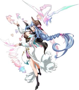 1girl black_capelet black_shoes black_socks blue_hair braid braided_ponytail breasts brown_hat capelet cleavage cleavage_cutout clothing_cutout curtained_hair dress elf floating_cape floating_hair floating_paper flower from_above from_side full_body game_cg glowing hair_between_eyes hat hat_flower heart high_heels highres langrisser langrisser_mobile large_breasts legs long_dress long_hair long_sidelocks long_sleeves looking_at_viewer looking_up low-tied_long_hair magic nemia_(langrisser) official_alternate_costume official_art origami paper paper_airplane paper_crane paper_heart parted_lips pointy_ears ponytail second-party_source shoes side_slit sidelocks simple_background smile socks solo standing tachi-e tassel transparent_background two-sided_capelet very_long_hair white_dress wide_brim yellow_eyes