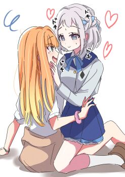 Rule 34 | 2girls, blue eyes, blue ribbon, blue skirt, blush, braid, closed mouth, commentary request, gakuen idolmaster, green eyes, hair ribbon, half up braid, heart, highres, holding another's wrist, idolmaster, katsuragi lilja, long hair, long sleeves, mole, mole under eye, multiple girls, neck ribbon, open mouth, orange hair, ribbon, ribbon braid, school uniform, scrunchie, shirt, shiun sumika, short hair, short sleeves, simple background, sitting, sitting on lap, sitting on person, skirt, smile, socks, suzuka 202224, sweatdrop, white background, white hair, white shirt, white socks, wrist scrunchie, yuri