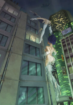 1girl abend86 absurdres aircraft apartment ass billboard broken_glass broken_window building check_commentary city commentary commentary_request drainpipe ghost_in_the_shell ghost_in_the_shell:_innocence glass glass_shards helicopter highres kusanagi_motoko night night_sky partial_commentary scenery sky skyscraper solo window