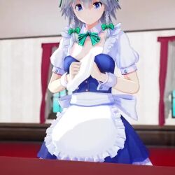 1girl 3d animated blue_eyes breasts cleavage downblouse grey_hair hanging_breasts izayoi_sakuya jiggle leaning_forward looking_at_viewer medium_breasts mofumoko5 no_bra solo thighs touhou video
