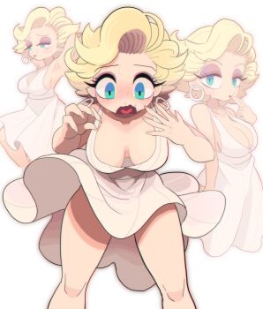 1girl animification arms_up blonde_hair blue_eyes blush breasts cleavage commentary cowboy_shot curvy dress earrings finger_to_mouth gashi-gashi highres hoop_earrings jewelry large_breasts marilyn_monroe multiple_views open_mouth real_life red_lips symbol-only_commentary the_seven-year_itch thighs tongue wavy_mouth white_background white_dress wind wind_lift