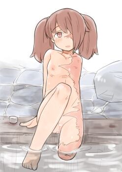 1girl absurdres amputee arm_support asymmetrical_bangs bar_censor blush brown_eyes brown_hair censored cleft_of_venus completely_nude cup enjaku_izuku highres kantai_collection loli looking_at_viewer missing_eye missing_limb nude pointless_censoring pussy ryuujou_(kancolle) scar sitting soaking_feet solo twintails water