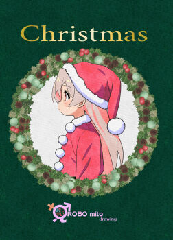 1girl absurdres artist_name brown_eyes christmas christmas_wreath commentary from_side fur-trimmed_headwear fur-trimmed_jacket fur_trim grey_hair hat highres jacket long_hair male-female_symbol multicolored_hair onii-chan_wa_oshimai! oyama_mahiro parody pink_hair pom_pom_(clothes) profile red_hat red_jacket robomito santa_costume santa_hat simple_background solo two-tone_hair wreath