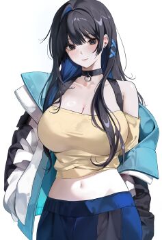 1girl absurdres bare_shoulders black_choker black_eyes black_hair breasts choker closed_mouth commentary cowboy_shot ear_piercing fuwausagi01 highres jacket large_breasts long_hair looking_at_viewer midriff navel off-shoulder_shirt off_shoulder original piercing shirt simple_background solo symbol-only_commentary white_background white_jacket yellow_shirt