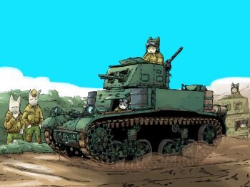 6+boys blue_sky browning_m1919 cat_boy caterpillar_tracks day goggles goggles_on_headwear highres manually-operated_mounted_gun military_vehicle motor_vehicle multiple_boys original sky tank vehicle_focus vehicle_request yabarn