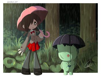 1girl absurdres black_eyes black_hair black_leggings bow bowtie brown_jacket defect_mogeko forest funamusea hair_over_one_eye highres jacket kurai_yonaka leaf leggings mogeko_(species) mogeko_castle nature rain red_bow red_bowtie red_skirt redaix scar scar_on_face scar_on_stomach school_swimsuit skirt swimsuit tonari_no_totoro totoro_bus_stop tree