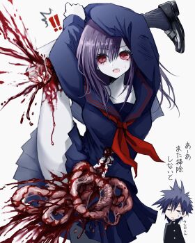 ! !! 1boy 1girl ^^^ black_footwear black_sailor_collar black_serafuku black_shirt black_skirt black_socks blood blouse broken_leg chibi clothes_lift collarbone colored_skin entrails fang gorezono_neo_(yu-ki_iwata) guro highres intestines leg_up loafers long_sleeves looking_to_the_side neckerchief open_mouth organs original pleated_skirt purple_hair red_eyes red_neckerchief sailor_collar school_uniform serafuku severed_leg severed_limb shirt shoes skirt skirt_lift sleeves_past_wrists socks solo_focus standing standing_on_one_leg sweat teeth torn_clothes upper_teeth_only white_skin yu-ki_iwata