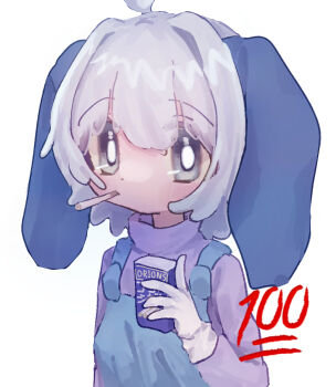 1boy 2023 ahoge animal_ears blue_eyes chocolate_cigarette cigarette_pack dress gloves highres holding holding_cigarette_pack m1tky neko_no_teach-kun pinafore_dress purple_sweater rabbit_boy rabbit_ears sam_(neko_no_teach-kun) score sleeveless sleeveless_dress sweater trap upper_body white_gloves white_hair