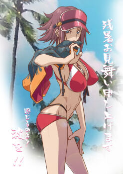 1girl bikini blue_eyes breasts brown_hair closed_mouth code_geass code_geass:_genesic_re;code covered_erect_nipples day from_side groin highres holding holding_jacket holding_unworn_clothes jacket kouzuki_kallen kyabakurabakufu large_breasts lens_flare long_hair looking_at_viewer nail_polish navel outdoors palm_tree red_bikini red_nails sideboob solo spiked_hair standing summer swimsuit tree unworn_jacket visor_cap
