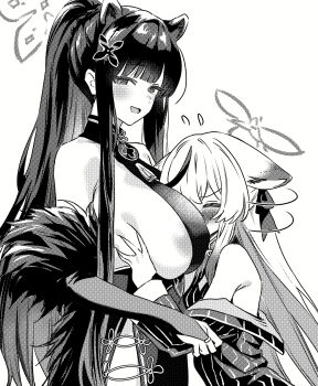 Rule 34 | 2girls, animal ear fluff, animal ears, between breasts, black dress, black hair, blue archive, breasts, china dress, chinese clothes, commentary, dress, extra ears, face between breasts, feather boa, halo, head between breasts, highres, kokona (blue archive), large breasts, long hair, looking at viewer, monochrome, multicolored hair, multiple girls, peko25jita, ponytail, shun (blue archive), sideboob, streaked hair, striped clothes, striped dress, tiger ears, tiger girl, untranslatable commentary