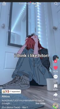 1girl black_shirt blue_pants bocchi_the_rock! commentary door english_text hashtag-only_commentary highres i_think_i_like_boys_(meme) implied_yuri indoors kita_ikuyo long_hair meme mirror pants photo_background red_hair rsandesuyo shirt shoes short_sleeves sitting sneakers solo tiktok white_shoes yamada_ryo