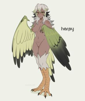 1girl absurdres animal_ears bird_ears bird_legs breasts claws commentary dark-skinned_female dark_skin digitigrade english_commentary feathered_wings feathers gradient_hair green_eyes green_feathers green_hair green_wings grey_hair harpy highres long_hair looking_at_viewer medium_breasts monster_girl multicolored_hair nipples original pussy simple_background smile solo talons uncensored unreal_fish white_background winged_arms wings