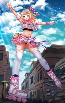 1girl :d animal arm_up bird black_panties blonde_hair blue_sky blush breasts building clothes_writing cloud commentary day destruction english_commentary giant giantess gradient_hair green_eyes hair_ornament hairclip heart heart_hair_ornament highres hololive kazenokaze long_hair medium_breasts miniskirt momosuzu_nene momosuzu_nene_(cheerleader) multicolored_hair navel one_side_up open_mouth outdoors panties pink_hair pleated_skirt roller_skates shoes skates skirt sky smile solo standing standing_on_one_leg thighhighs underwear virtual_youtuber visor_cap white_shoes white_skirt white_thighhighs wrist_cuffs