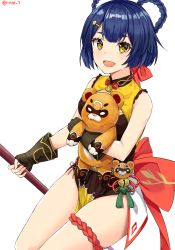 1girl :d absurdres animal animal_hug bare_legs bare_shoulders bell black_gloves blue_hair blush bow braid breasts china_dress chinese_clothes dress fingerless_gloves genshin_impact gloves guoba_(genshin_impact) hair_ornament hairclip highres holding holding_animal large_bow looking_at_viewer open_mouth panda red_bow rinse_7 short_hair simple_background small_breasts smile solo thick_thighs thighs weapon white_background xiangling_(genshin_impact) yellow_dress