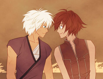 Rule 34 | 2boys, assassin (ragnarok online), brown background, brown hair, brown shirt, chest sarashi, closed mouth, commentary request, dated commentary, green eyes, looking at another, male focus, multiple boys, oomojiya, purple shirt, ragnarok online, sarashi, scar, scar on arm, shirt, short hair, simple background, sleeveless, sleeveless shirt, smile, upper body, white hair, wizard (ragnarok online), yaoi