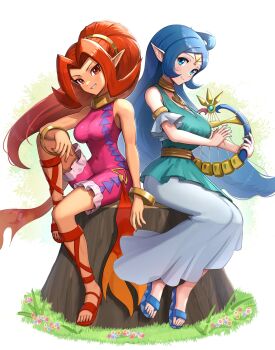 2girls absurdres blue_eyes blue_hair bracelet breasts covered_navel dark_skin din dress gonzarez highres instrument jewelry large_breasts long_hair looking_at_viewer multiple_girls nayru nintendo pointy_ears ponytail red_eyes red_hair sandals sitting on_tree_stump smile the_legend_of_zelda the_legend_of_zelda:_oracle_of_ages the_legend_of_zelda:_oracle_of_seasons tiara