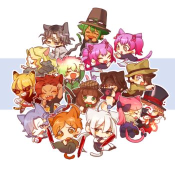 6+boys 6+girls ahoge animal_ears arm_up bandaged_hand bandages black_cape black_jacket black_pants black_sailor_collar black_shirt black_shorts black_skirt black_vest blonde_hair blue_hair blue_shoes bow brown_hair brown_headwear brown_jacket brown_shirt cape cat_boy cat_ears cat_girl cat_tail chibi chiebukuro_setsuka closed_eyes closed_mouth coat collared_shirt commentary_request danganronpa_another dark-skinned_male dark_skin dress earrings fang fortissimo fur_coat goggles goggles_on_headwear gradient_hair green_bow green_eyes green_hair green_jacket green_necktie grey_coat grey_eyes grey_hair grin hair_between_eyes hair_bow hair_ornament hair_over_one_eye hat jacket jewelry kaburiburi kabuya_yoruko kagarin_yuri kasai_shinji long_hair long_sleeves maeda_yuki magorobi_emma makunouchi_hajime mitsume_kokoro multicolored_hair multiple_boys multiple_girls musical_note musical_note_hair_ornament necktie nijiue_iroha one_eye_closed open_clothes open_jacket open_mouth orange_eyes orange_hair otonokoji_hibiki otonokoji_kanade otori_teruya pants pink_hair pink_shirt pleated_skirt red_hair sailor_collar sailor_shirt sannoji_mikado school_uniform serafuku sharp_teeth shirt shoes short_hair short_sleeves shorts skin_fang skirt slippers smile sora_(super_danganronpa_another_2) striped_necktie sunglasses super_danganronpa_another_2 sweat tail teeth thighhighs tiger_boy tiger_ears tiger_tail twintails vest white_dress white_hair white_jacket white_shirt white_shorts white_skirt white_thighhighs yellow_eyes yellow_headwear yellow_jacket yomiuri_nikkei