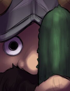 1boy beard black_eyes brown_hair close-up commentary cucumber dungeon_meshi dwarf english_commentary facial_hair fake_horns food helmet highres holding holding_food horned_helmet horns kimchunsik looking_at_viewer male_focus mustache portrait senshi_(dungeon_meshi) straight-on thick_mustache