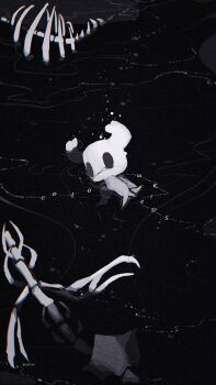 1other animal_skeleton black_background chinese_commentary chromatic_aberration cloak commentary_request english_text film_grain greyscale highres hightguy hollow_eyes hollow_knight horns knight_(hollow_knight) lying monochrome on_side other_focus partially_submerged simple_background solo wide_shot