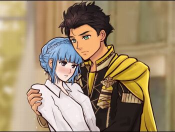blue_hair brown_eyes brown_hair claude_von_riegan fire_emblem fire_emblem:_three_houses green_eyes holding hunnymzdraws marianne_von_edmund nintendo wet