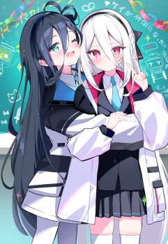 Rule 34 | 2girls, absurdres, aris (blue archive), black hair, black hairband, black skirt, blazer, blue archive, blue eyes, blue necktie, blush, chalkboard, closed mouth, commentary request, cowboy shot, felnemo, hair between eyes, hairband, highres, hug, jacket, kei (blue archive), kei (new body) (blue archive), long bangs, long hair, looking at viewer, miniskirt, multiple girls, necktie, one eye closed, open clothes, open jacket, open mouth, red eyes, ringed eyes, school uniform, side-by-side, skirt, smile, sweatdrop, thighhighs, v, white hair, white jacket, white thighhighs, zettai ryouiki