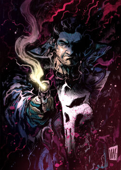 abstract_background aiming black_gloves black_hair black_jacket broad_shoulders closed_eyes closed_mouth dark_background finger_on_trigger frank_castle gloves gun handgun highres holding holding_gun holding_weapon jacket long_sleeves male_focus marvel open_clothes open_jacket short_hair skull_print smoke smoking_barrel solo the_punisher_(character) the_punisher_(series) vinartwork weapon western_comics_(style)