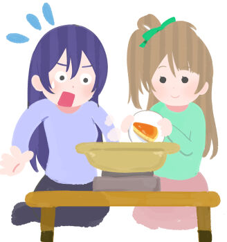 ._. 2girls blue_hair blue_shirt bow brown_hair cheesecake closed_mouth comedic_sweatdrop commentary_request flying_sweatdrops food green_bow green_shirt hair_bow hair_rings highres holding holding_plate hotpot irasutoya long_hair long_sleeves love_live! love_live!_school_idol_festival love_live!_school_idol_project mifune_takashi_(style) minami_kotori multiple_girls one_side_up open_mouth parody plate shirt simple_background single_hair_ring sitting smile sonoda_umi steam style_parody surprised table wewe white_background