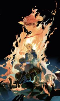 2boys arm_up ascot bead_necklace beads black_hair black_hat black_pants blonde_hair blue_coat blue_eyes brothers coat commentary_request fire grin hat highres holding holding_unworn_clothes holding_unworn_hat industrial_pipe jewelry lapels long_sleeves looking_back lucis0407 male_focus multiple_boys necklace one_piece pants parted_lips popped_collar portgas_d._ace sabo_(one_piece) scar scar_on_face short_hair siblings smile top_hat unworn_hat unworn_headwear vest white_ascot white_vest wide-eyed