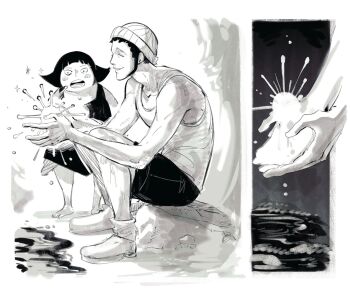 2boys 6cheetah aged_down arms_up barefoot beanie black_dress black_hair black_shorts blunt_bangs blush boots border closed_eyes devil_fruit_power dress greyscale hair_horns hat highres kizaru_(one_piece) light_particles male_focus monochrome multiple_boys one_piece open_mouth photokinesis rock sentoumaru shirt shoes shorts sideburns sitting smile tank_top teeth tongue upper_teeth_only water white_border