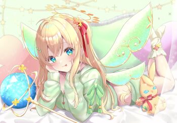 Rule 34 | 1girl, absurdres, blonde hair, blue eyes, commentary request, commission, green hoodie, green shorts, green wings, hair ribbon, halo, hands on own cheeks, hands on own face, highres, hood, hoodie, lele1e0v0, long hair, long sleeves, looking at viewer, lying, midriff, multicolored eyes, on stomach, original, red ribbon, ribbon, shorts, socks, solo, staff, stuffed animal, stuffed rabbit, stuffed toy, tongue, white socks, wings