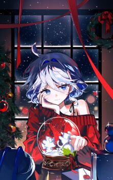 1girl absurdres ahoge blue_eyes blue_hair box christmas christmas_tree commentary envelope furina_(genshin_impact) genshin_impact gift hair_intakes hand_on_own_cheek hand_on_own_face heterochromia highres huya_(huy4_53) indoors long_sleeves red_sleeves red_sweater short_hair snow solo sweater table upper_body white_hair window