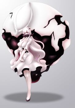 Rule 34 | 1girl, absurdres, abyssal ship, bare legs, black horns, black nails, black shoes, breasts, cleavage, collarbone, colored skin, covered mouth, dress, full body, highres, horns, kantai collection, large breasts, large variant set, long hair, long sidelocks, looking at viewer, midway princess, multicolored horns, ningyoushi, orange eyes, own hands together, pale skin, rigging, shadow, shoes, sidelocks, spikes, standing, swept bangs, thick eyelashes, three-quarter sleeves, v arms, variant set, very long hair, wavy hair, white dress, white hair, white horns, white skin