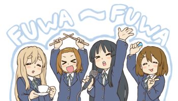 &gt;_&lt; 4girls :d akiyama_mio arm_up arms_up beachepisode black_hair blonde_hair blush brown_hair closed_eyes closed_mouth commentary cup double-parted_bangs drumsticks english_commentary hair_between_eyes hair_ornament hairband hairclip highres hirasawa_yui holding holding_cup holding_drumsticks holding_microphone holding_plate holding_plectrum k-on! kotobuki_tsumugi long_hair long_sleeves microphone multiple_girls open_mouth parallel_hairclips plate plectrum sakuragaoka_high_school_uniform school_uniform short_hair simple_background smile tainaka_ritsu teacup teeth thick_eyebrows tongue tongue_out upper_teeth_only v white_background xd yellow_hairband