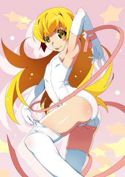 1girl arched_back arm_behind_back armpits ass blonde_hair blush_stickers body_blush colored_shadow drop_shadow elbow_gloves feet_out_of_frame flat_chest flipped_hair from_side full_body gesugesu_ahoaho gloves hair_between_eyes hair_flaps highres knee_blush knee_up long_hair monogatari_(series) one-piece_swimsuit oshino_shinobu pink_background pink_ribbon presenting_armpit ribbon ringed_eyes shadow shiny_skin single_blush_sticker solo star_(symbol) star_symbol_background swept_bangs swimsuit thighhighs thighhighs_pull tongue tongue_out very_long_hair white_gloves white_one-piece_swimsuit white_thighhighs wrist_ribbon yellow_eyes