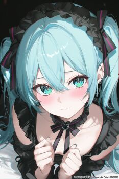 1girl absurdres artist_name black_background black_dress blue_eyes blue_hair blush breasts choker chromatic_aberration clothing_cutout collarbone commentary_request crossed_bangs dress ear_piercing earrings film_grain frilled_choker frilled_hairband frills hair_between_eyes hairband hatsune_miku heart heart_choker highres jewelry long_hair looking_at_viewer neck_ribbon piercing pixiv_id ribbon sakurada_nana shoulder_cutout small_breasts solo twitter_username upper_body upturned_eyes vocaloid